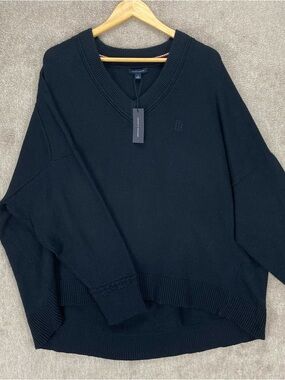 Tommy Hilfiger Sweater Men’s L Navy Blue Oversized Boxy V Neck Knit Pullover NWT